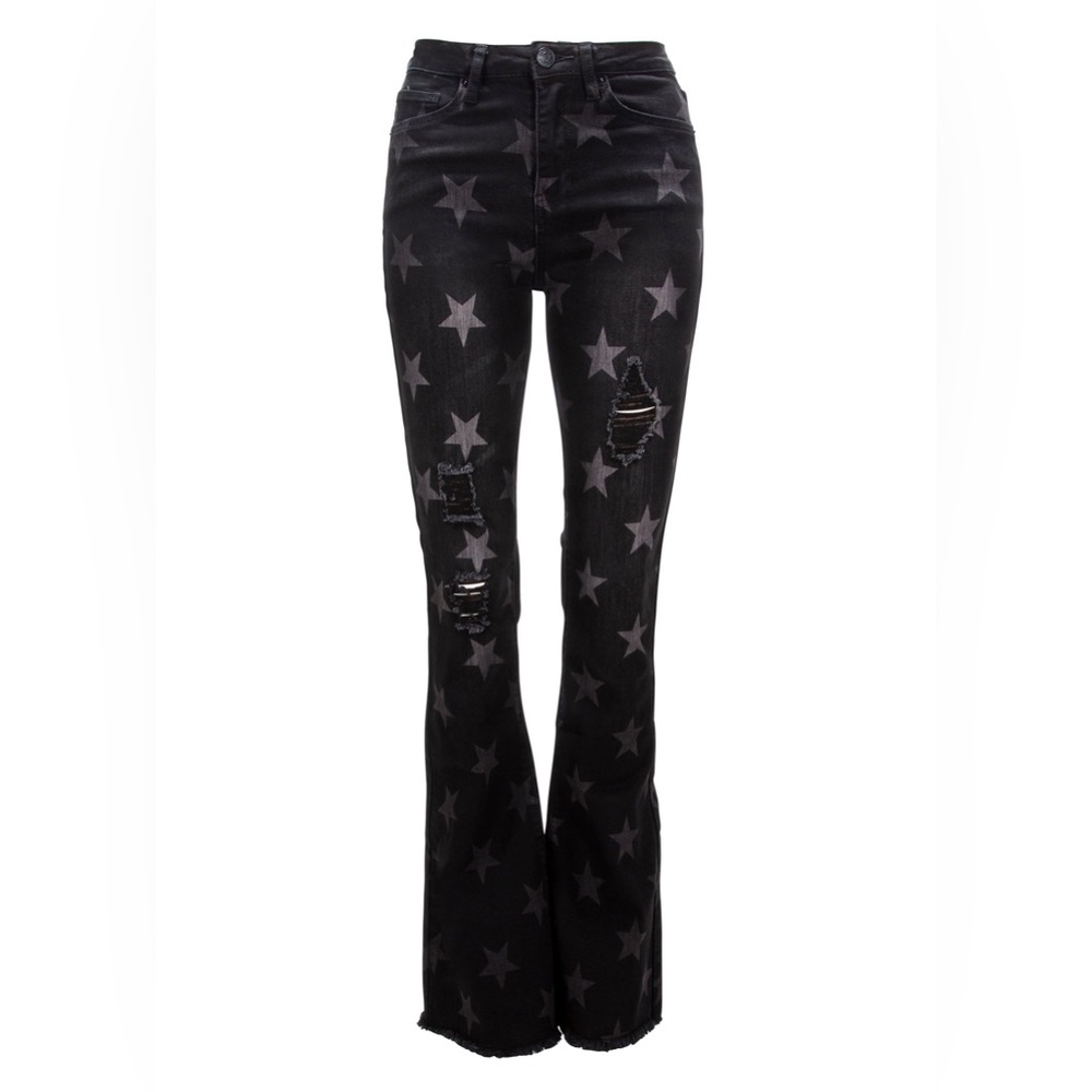 Highway Star Black Denim Star Print Ripped Flare Jeans Bell Bottoms - Size 3